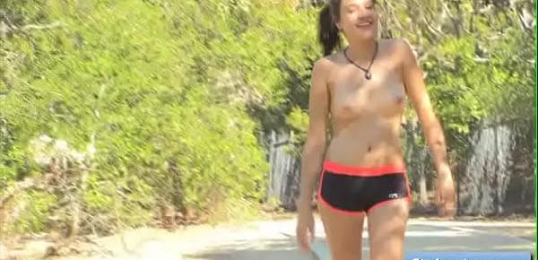  Young sexy brunette amateur Cadey goes for a run and play with her big natural perky bobs outdoors
